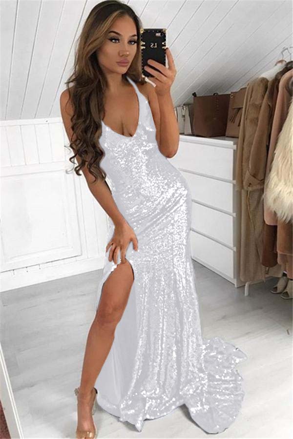 Lvs&Broner Dark Navy Sequins Prom Dress Modern V-Neck