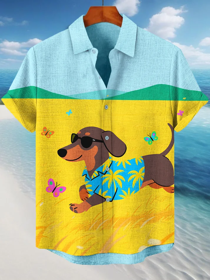 Men's The Running Dachshund Cartoon Print Short Sleeve Shirt