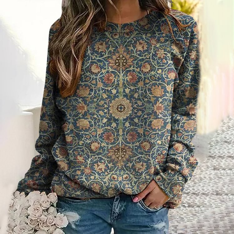 Vefave Vintage Long Sleeve Crew Neck Ethnic Print Sweatshirt