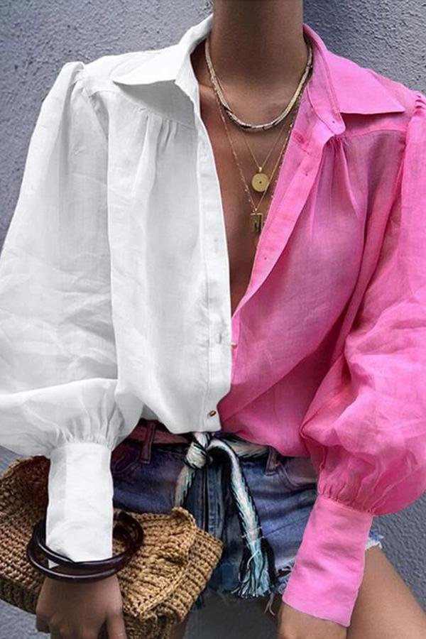 Trendy Colorblock Lantern Sleeve Shirt P16021