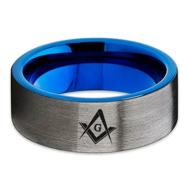 Women's or Men's Tungsten Masonic Wedding Band - Blue And Gray Silver Tungsten Rings - Masonic Wedding Ring With Mens And Womens 4mm 6mm 8mm 10mm 12mm