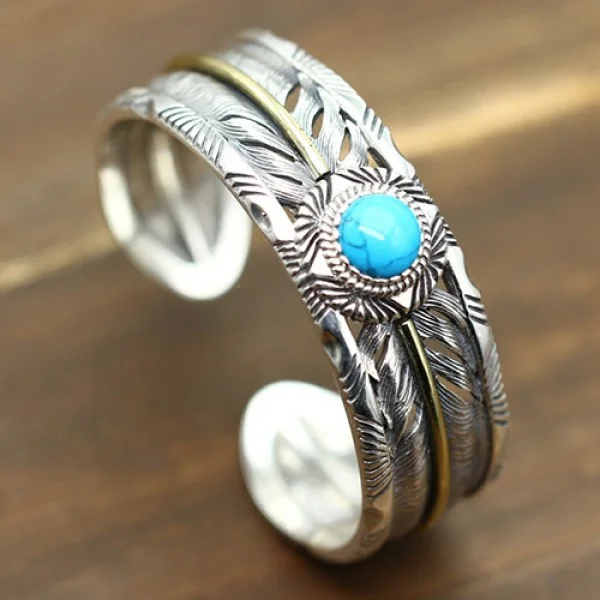 Sterling Silver Turquoise Feather Wide Cuff Bracelet