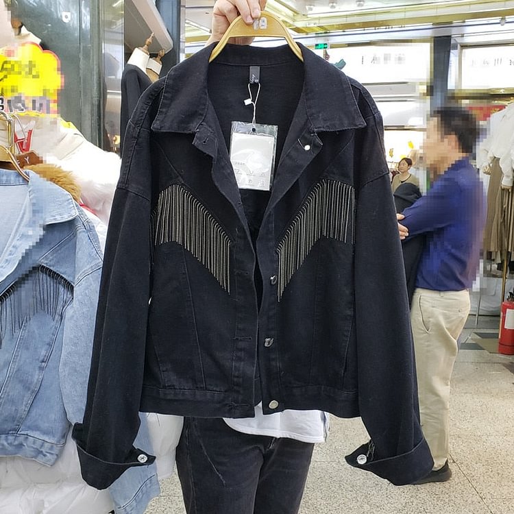 Spring And Autumn New Korean Fashion Tassel Denim Jacket Female Loose Thin Personality Single-Breasted Women Black Jacket - BlackFridayBuys