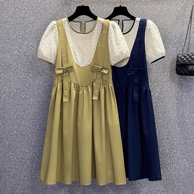 Puff Sleeve Bow Decor Fake Two Pieces Dress