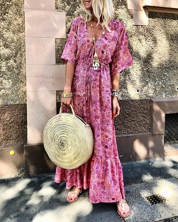 Summer Fashion Waist Belt Printed Holiday Maxi Dress