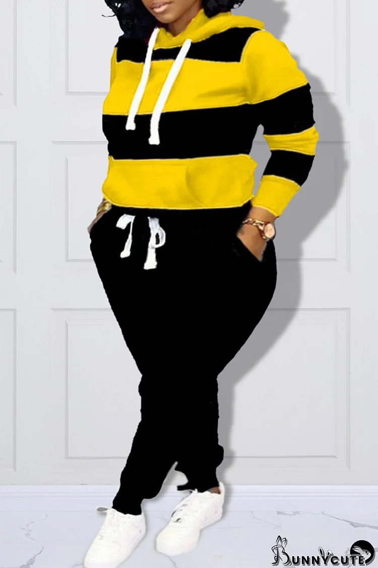 Black Yellow Fashion Casual Patchwork Patchwork Hooded Collar Plus Size Two Pieces