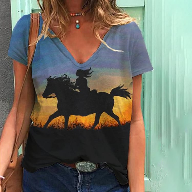 Vefave Western Print V-Neck Short Sleeve T-Shirt