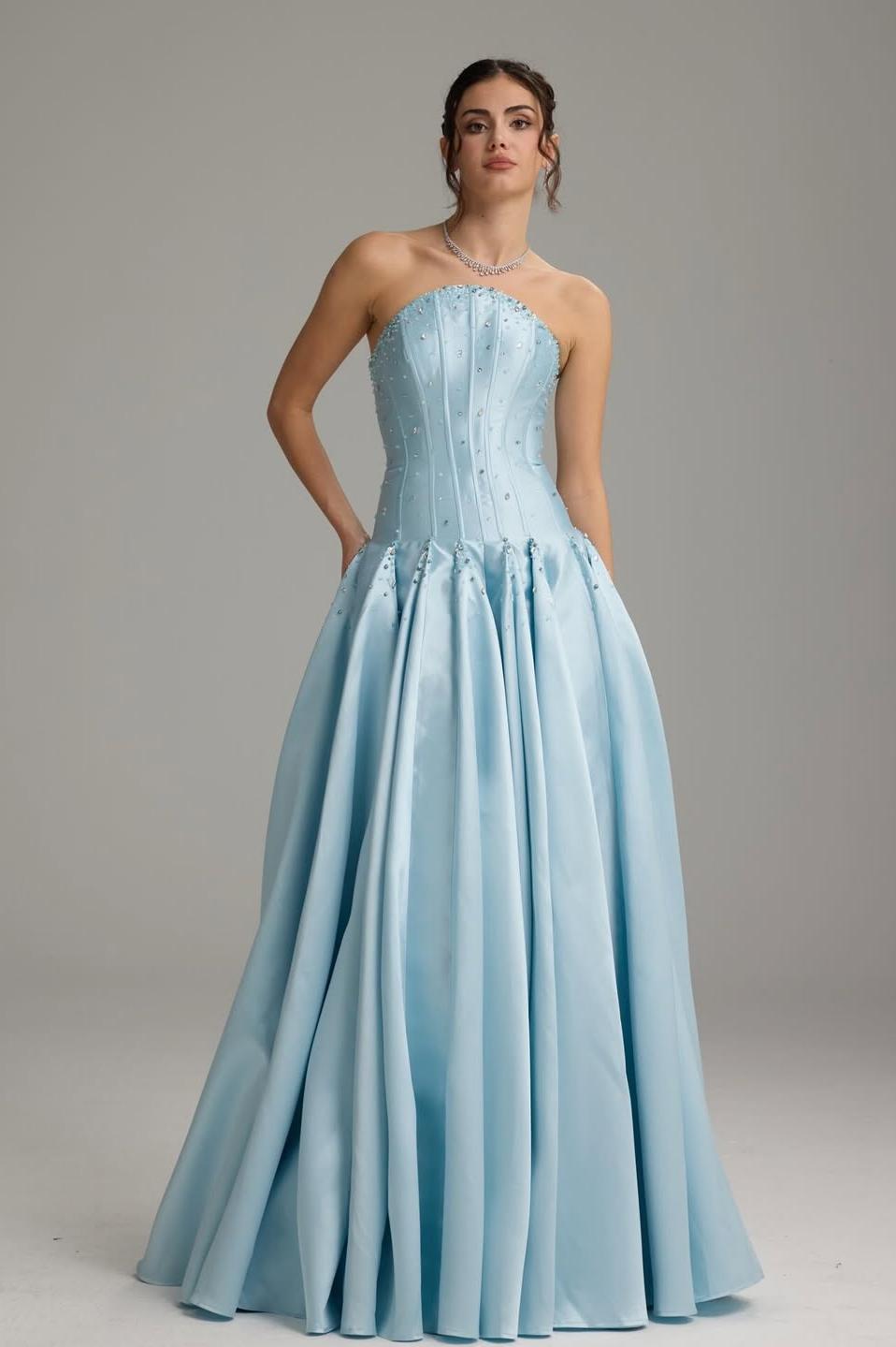 Lussooy Stunning Satin Sky Blue Sleeveless Prom Dress with Beadings