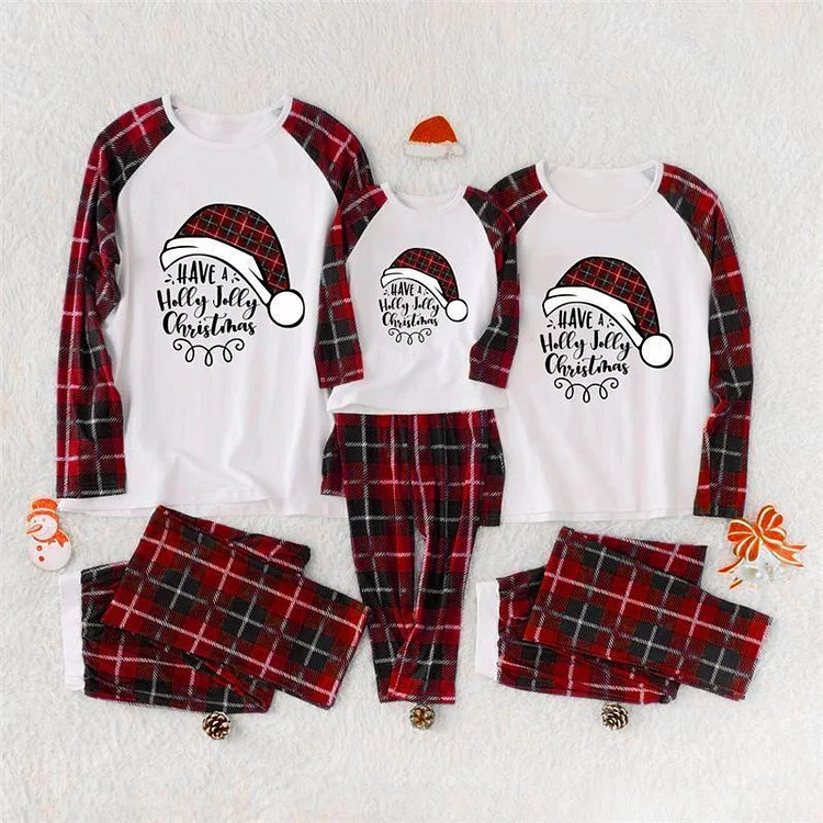 Christmas Hat Top and Plaid Pants Family Matching Pajamas Set