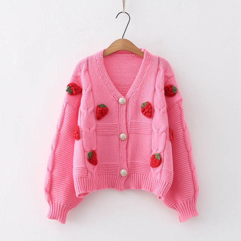 3D Strawberry Decor V-neck Knit Cardigan Sweater