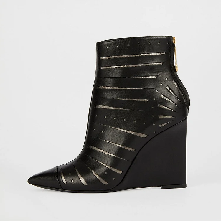 Black Cut-Out Surface Closed Pointy Toe Back-Zip Wedge Heel Booties |FSJ Shoes