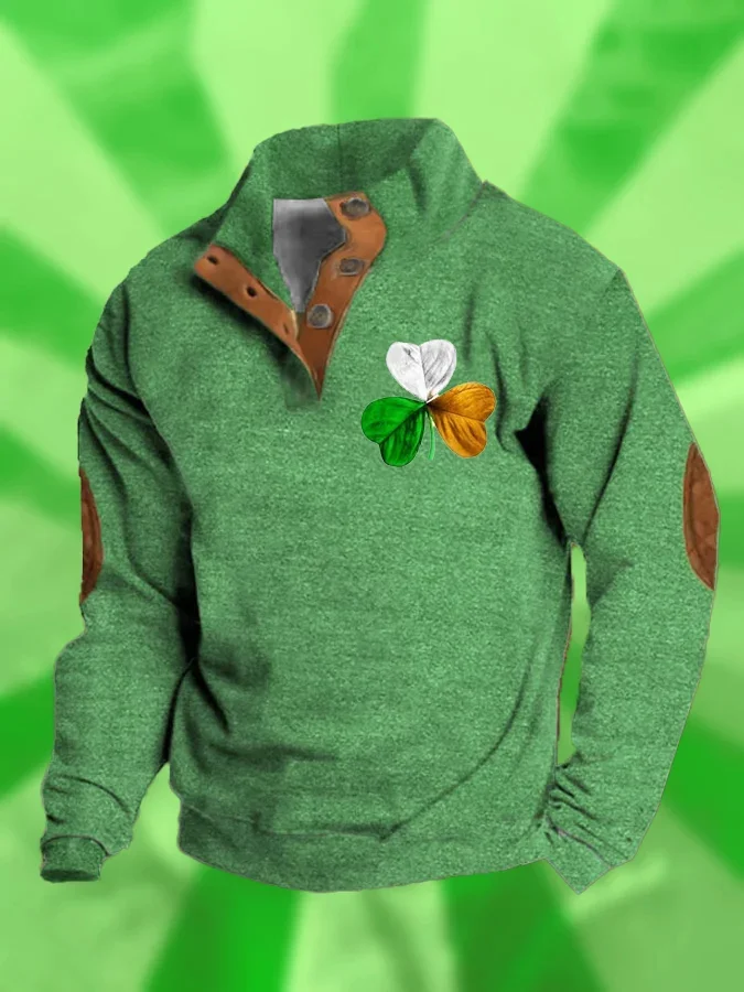 Men's Irish Flag Shamrock Print St Patrick's Day Stand Collar Sweatshirt