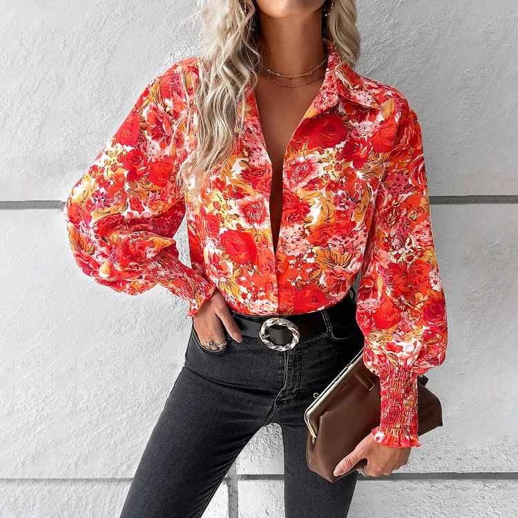 Women's Trend: Spring/Summer New Elegant Casual Printed Balloon Sleeve Shirt_ ecoleips_old