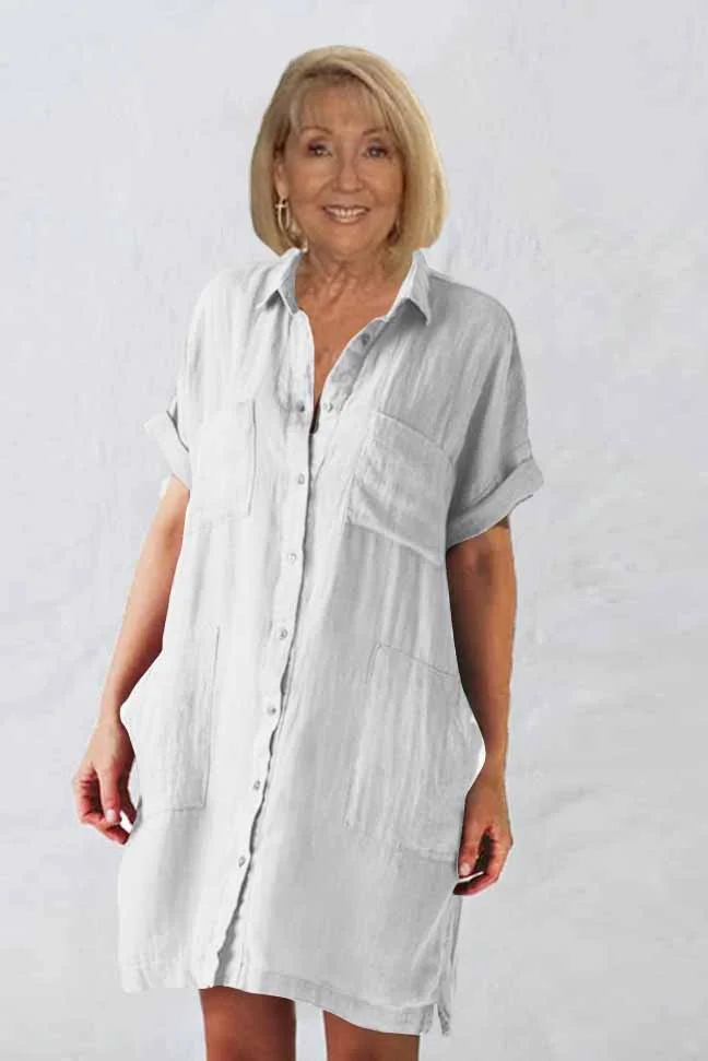 Plus Size Cotton and Linen Long Style with Medium Sleeves Irregular Pocket Dress Shirt Dress VangoghDress