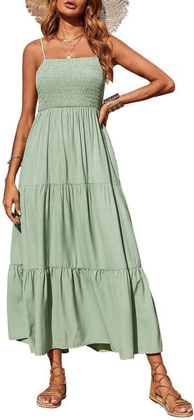 Women's Summer Maxi Dress Casual Boho Sleeveless Spaghetti Strap Smocked Tiered Long Beach Sun Dresses