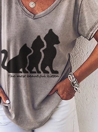 Bestdealfriday Cat Print Casual Short Sleeve V Neck Shirt And Top 9343403