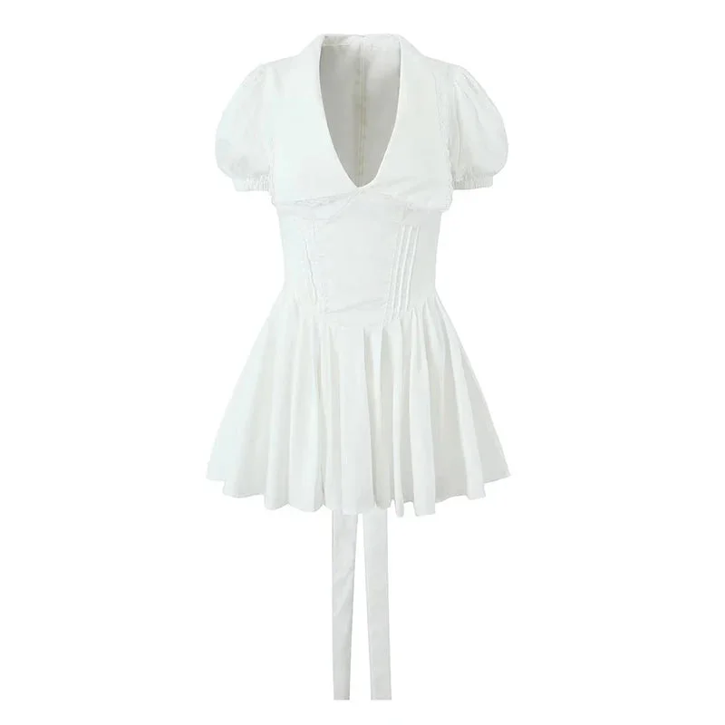 Tlbang Summer Women Vintage Puff Sleeve Lapel Collar White Mini Dress Tie Bow Sashes Pleated Hem Female Cotton Robe