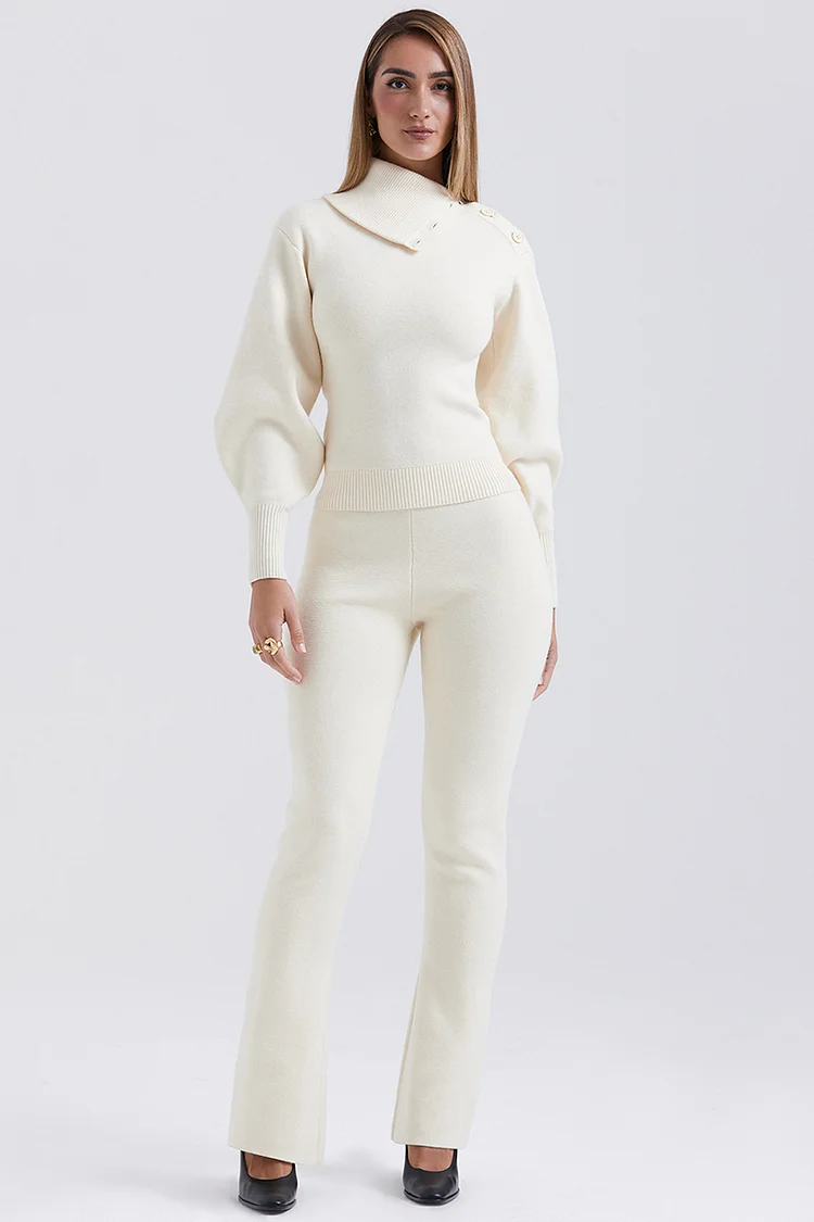 Irregular Folded Stand Collar Lantern Sleeve Sweater Plain Pants Matching Set-Beige