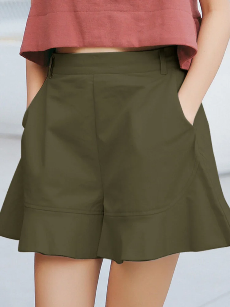 Ruffle Hem Solid Pocket Casual Wide Leg Shorts