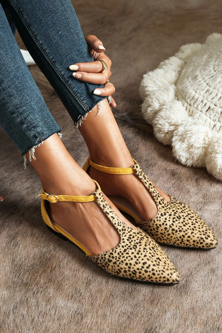 Women's Leopard Print Colorblock Ankle Straps Buckle Pointy Toe Casual Flats
