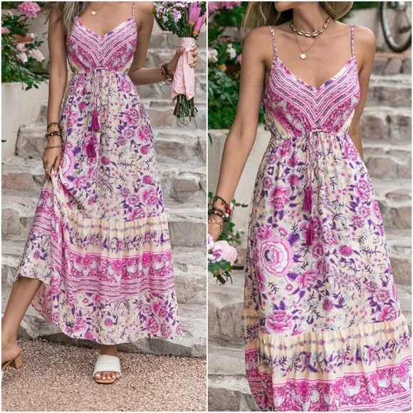 Women's Boho Floral Print Lace-Up Cami Maxi Dress