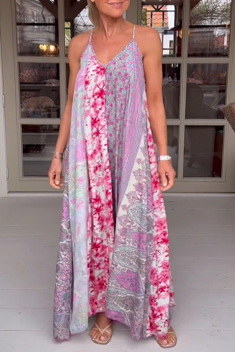 V Back Floral Printed Linen Patchwork Loose-Fit Maxi Dresses [Pre Order]