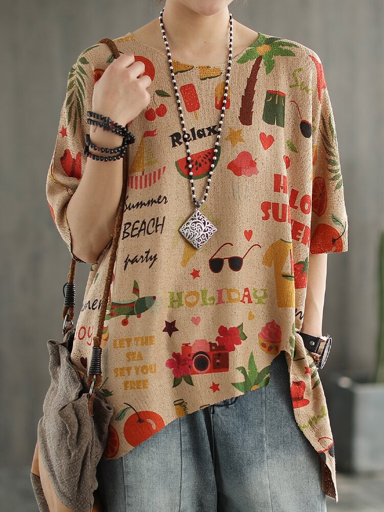 Irregular Cartoon Letter Knitting Half Sleeve T shirt P1676433