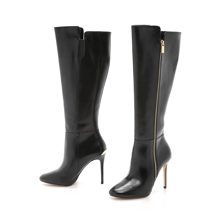 Black Long Boots Side Zip Stiletto Heel Knee High Boots Vdcoo