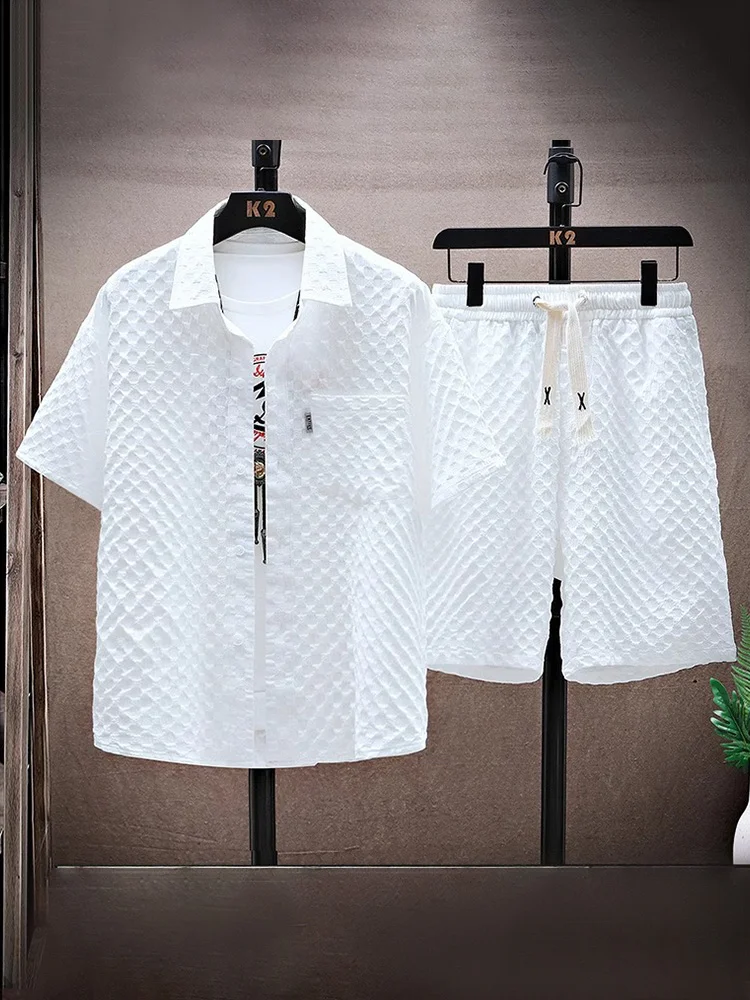 Men's Solid Color Chest Pocket Shirt Sports Shorts Matching Set