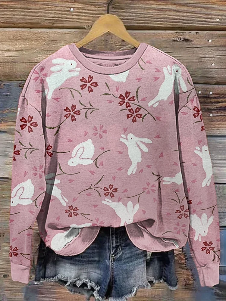 Comstylish Cherry Blossom & Rabbit Japanese Art Casual Cozy Sweatshirt