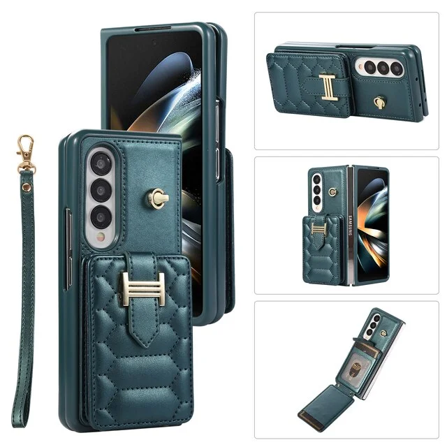 Crossbody Lanyard Leather Phone Case With Wrist Strap And 2 Cards Holder And Kicstand For Samsung Galaxy Z Fold3/Fold4/Fold5
