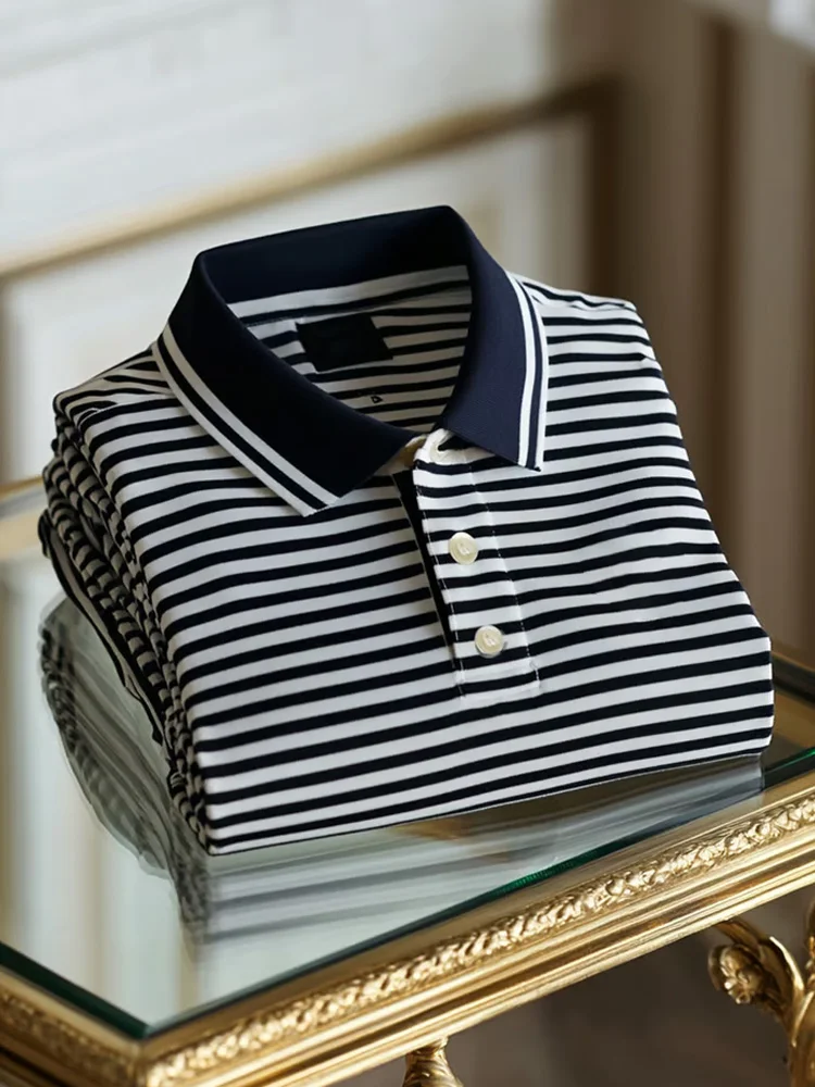 Men's Business Casual Striped Button Short Sleeve Polo Shirt