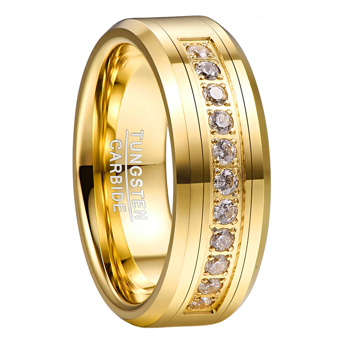 8mm Gold Cubic Zirconia Inlay Tungsten Carbide Ring Men's Wedding Bands