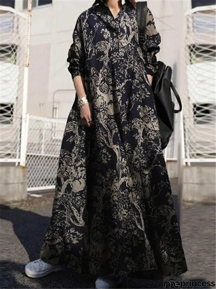 Vintage Style Button Up Lapel Collar Floral Printed Pocket Maxi Dress