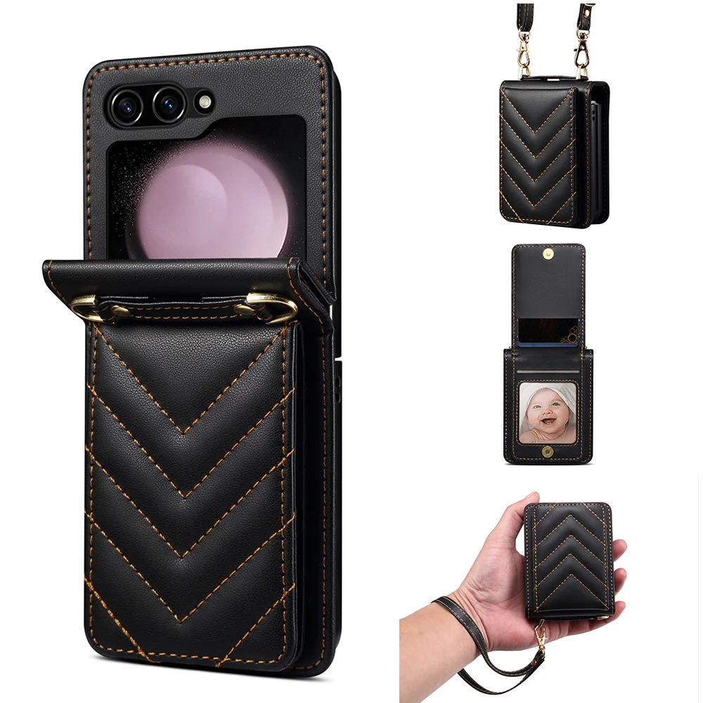 Retro Small Sweet Wind Leather Crossbody Phone Case With 2 Cards Slot,Detachable Wristband Lanyard And Hinge For Galaxy Z Flip3/Z Flip4/Z Flip5