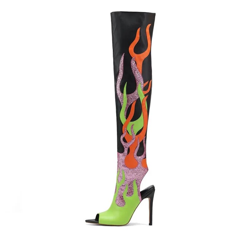 VCSHOES High Boots Peep Toe Stiletto Thin Heels Women Mixed Glitter Fire Over Knee Flame Shoes Side Zipper Long Booties 44