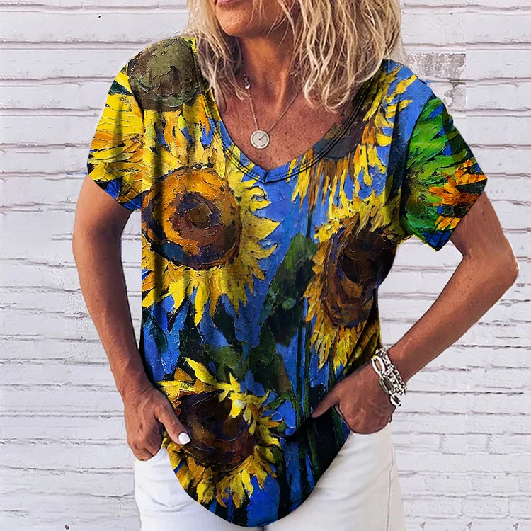 Casual Sunflower Print Short Sleeve T-Shirt