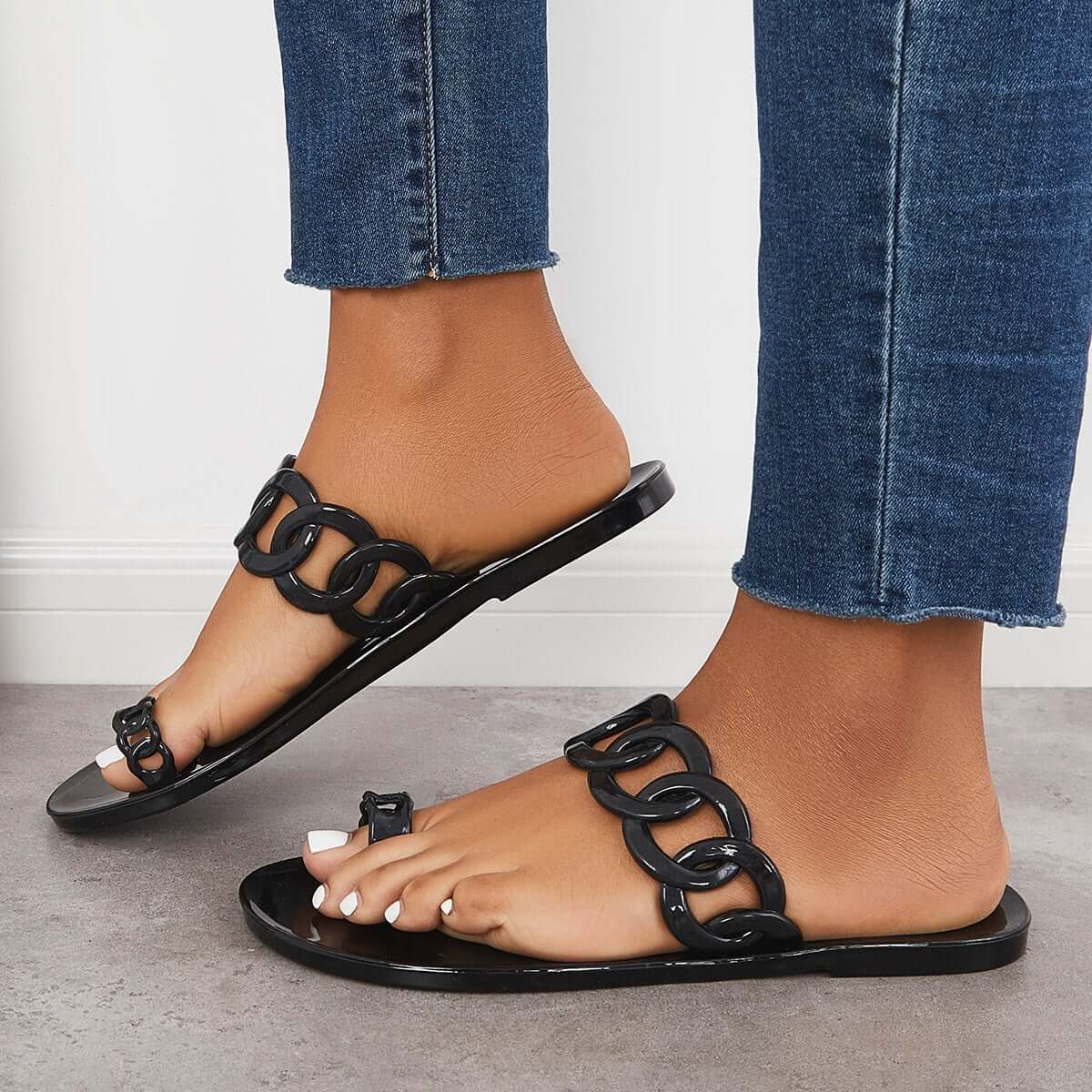 Slipon Slide Sandals Toe Ring Single Band Flat Slippers
