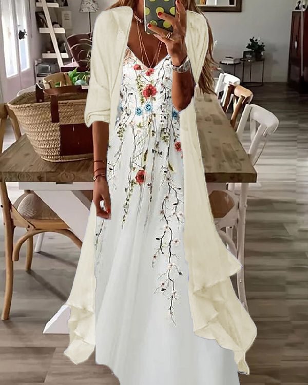 Fake Two Piece Casual V-neck Printed Maxi Dress S-5XL - Chicaggo