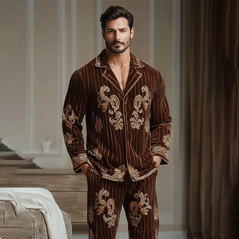 Men's Flannel Baroque Vertical Stripe Pajamas Suit-inspireuse