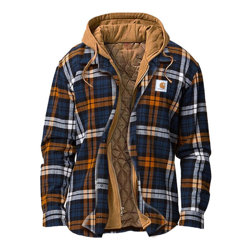 Men's Outdoor Casual Autumn And Winter Logo Classic Plaid Hooded Jacket