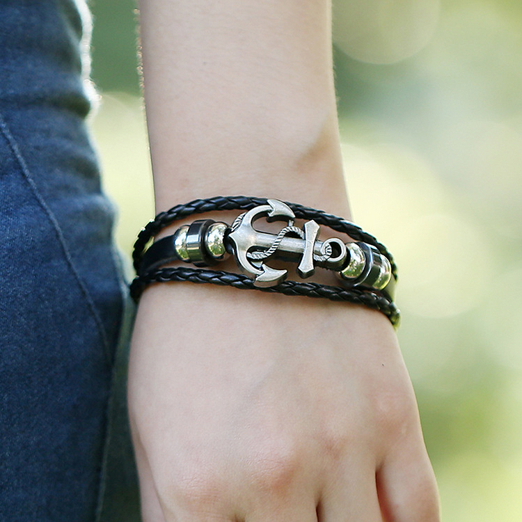 Multi-layer braided boat anchor cowhide bracelet