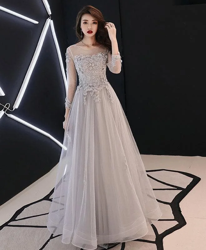 Gray Tulle Lace Long Prom Dress Gray Tulle Lace Evening Dress