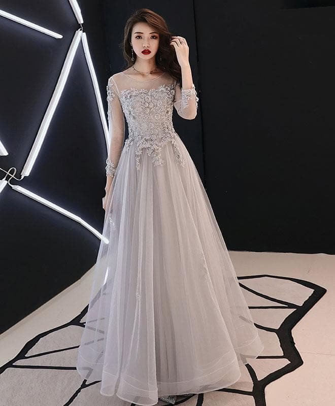 Gray Tulle Lace Long Prom Dress Gray Tulle Lace Evening Dress