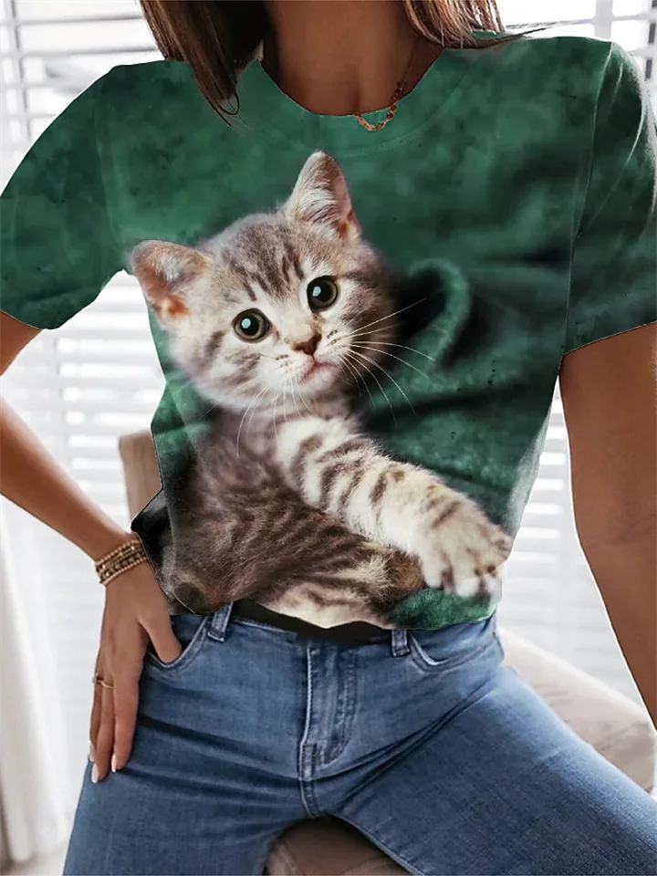 Women's Summer Explosion A Cat Pattern Print Round Neck Short Sleeve T-shirt-Cosfine