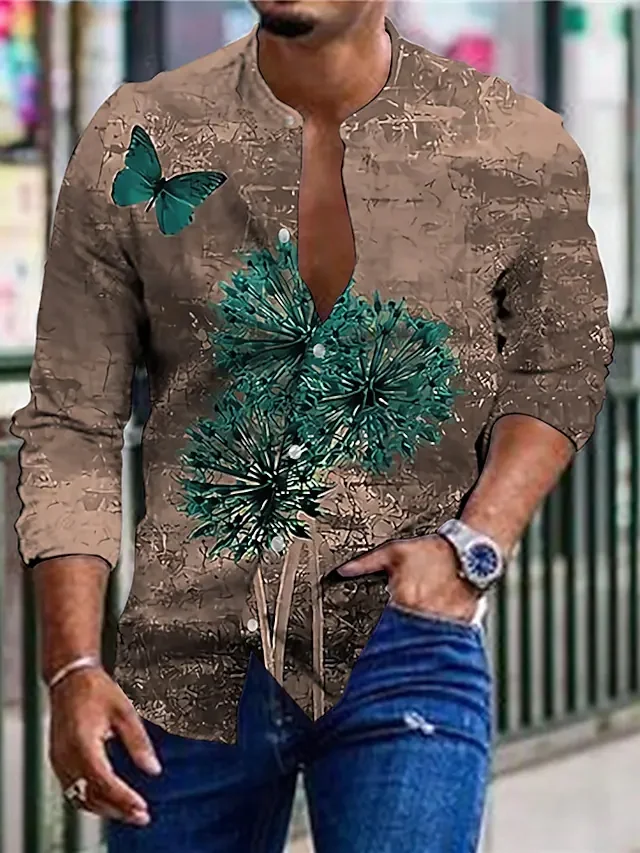 Men's printed cotton linen long sleeved shirt