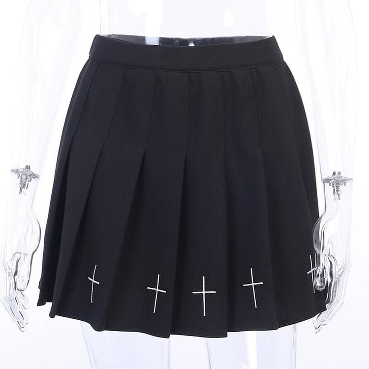 Gothic Cross Print Black Pleated Skirts SP13899