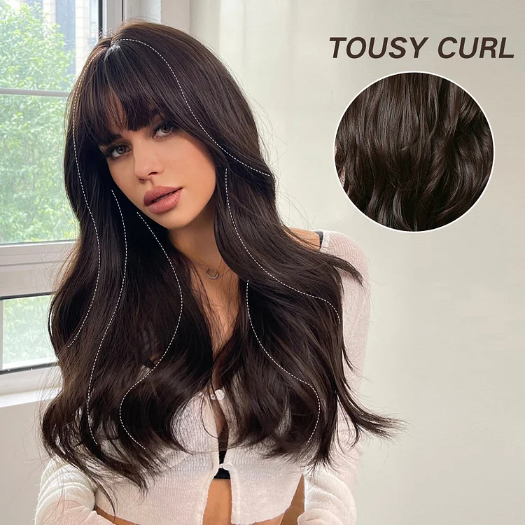Black Long Wavy Synthetic Wig with Bangs for Women Body Wave Dark Brown Wig socialshop