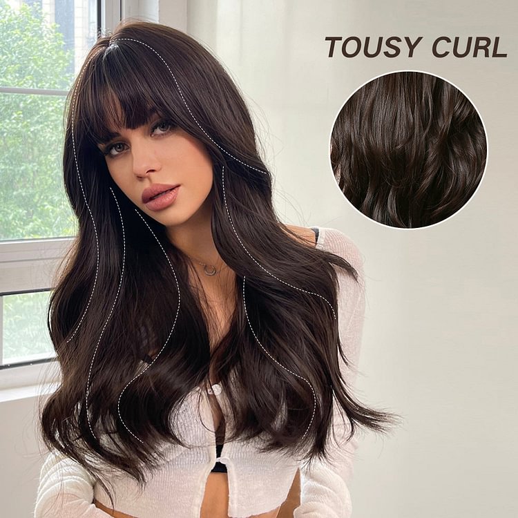 Black Long Wavy Synthetic Wig with Bangs for Women Body Wave Dark Brown Wig socialshop