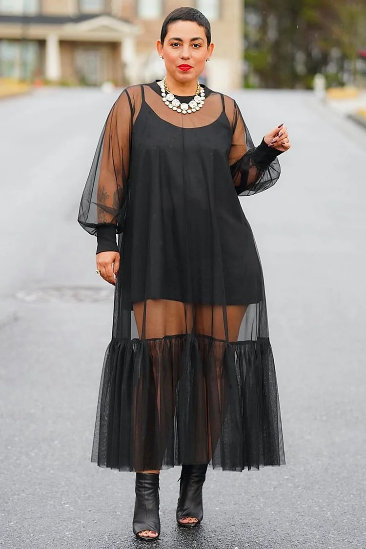 Tulle Lantern Sleeve Pleated Maxi Dresses Slip Mini Dresses Matching Set-Black